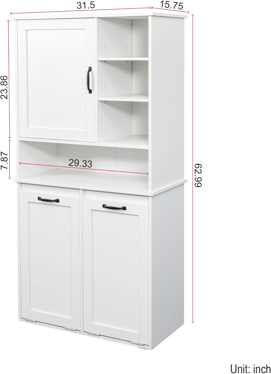 SOFTSEA Tilt-Out Laundry Hamper Cabinet, Cabinet with Doors and Open Shelf, 63 Inch Tall Accent Table for Bathrooms Laundry Room Kitchen, White