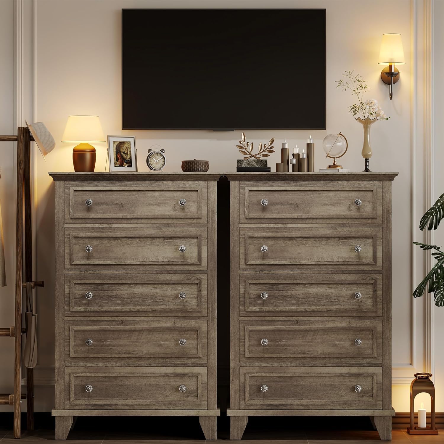 GarveeHome Gray Dresser for Bedroom, 48 in Tall Dresser with 5 Drawers, Chest of Drawers with Storage, Vintage Wood Dressers for Closet, Living Room, Hallway, Grey