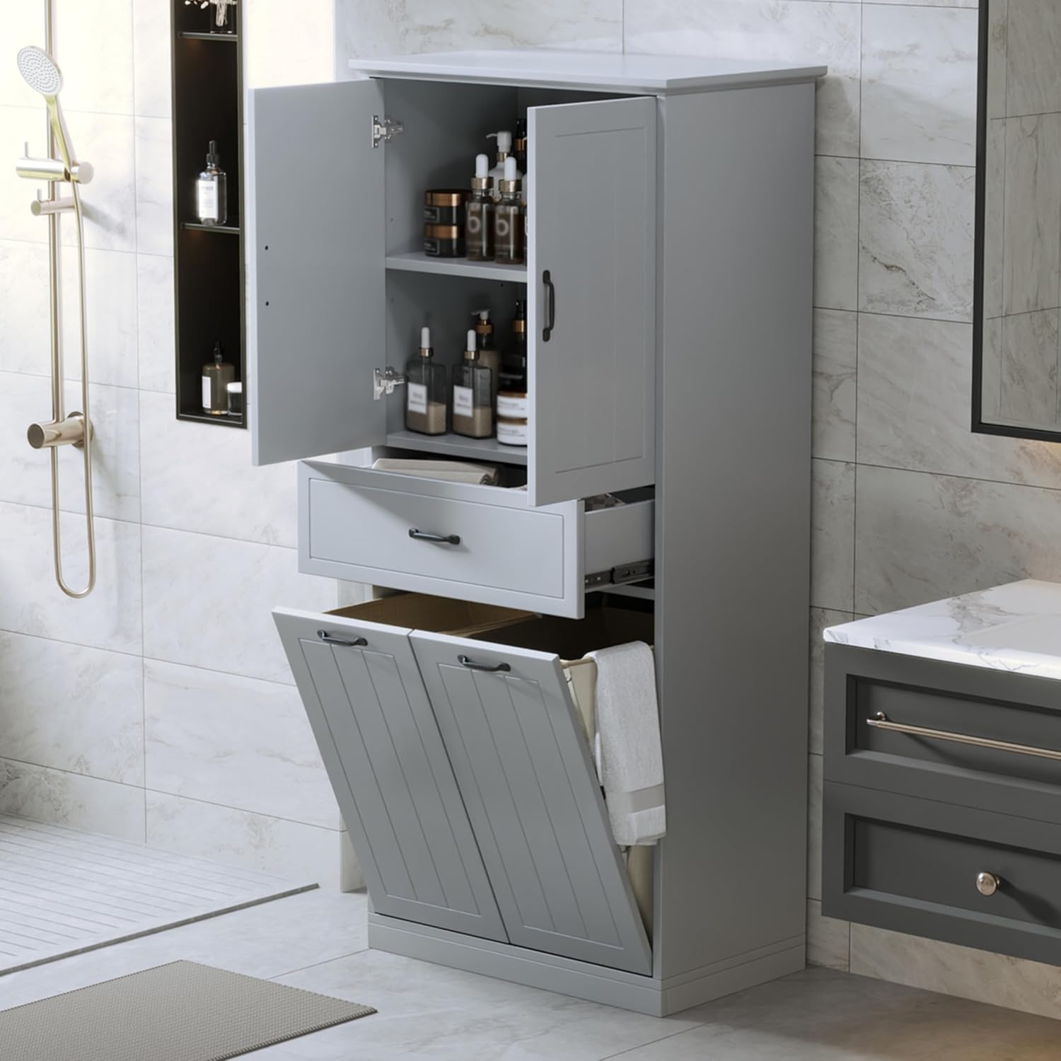 Merax Cabinet with 2 Tilt-Out Laundry Hamper Baskets, Modern Tall Bathroom Storage Organizer Linen with Drawers and Doors for Home, Freestanding, Grey
