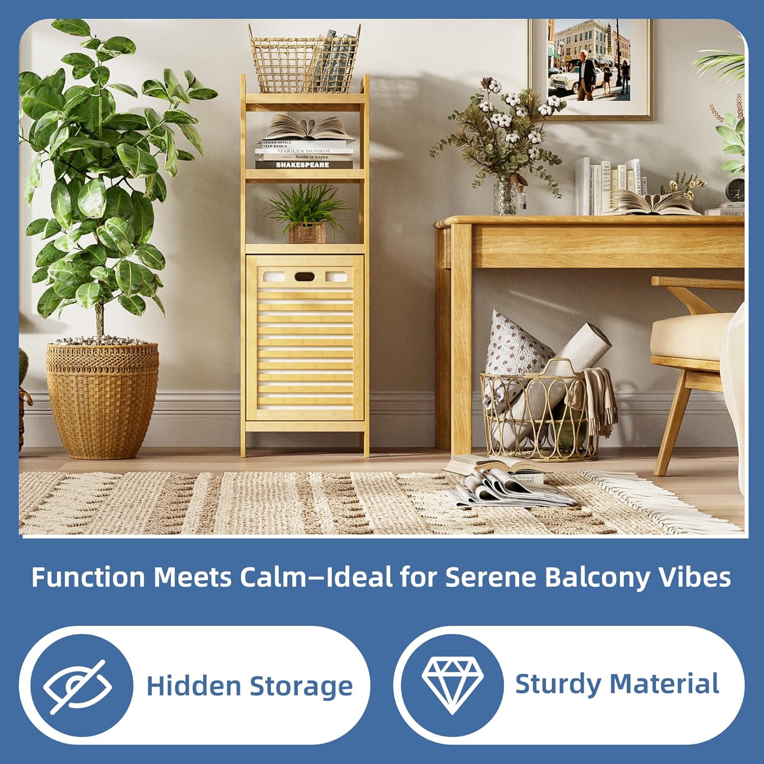 HITNET Tilt Out Laundry Hamper, Bamboo Laundry Basket with Foldable Bag and 3 Open Shelves, Freestanding Clothes Storage Organizer for Bedroom, Bathroom, Living Room, Natural