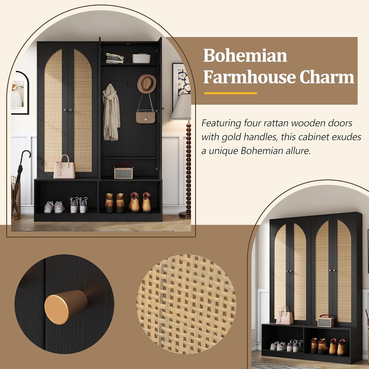 Farmhouse Widen Hall Tree with 4 Rattan Doors, Versatile 4-in-1 Coat Hanger with 6 Hooks, Mid-Century Entryway Shoe Cabinet with Adjustable Shelf for Living Room Hallway (Black-W)