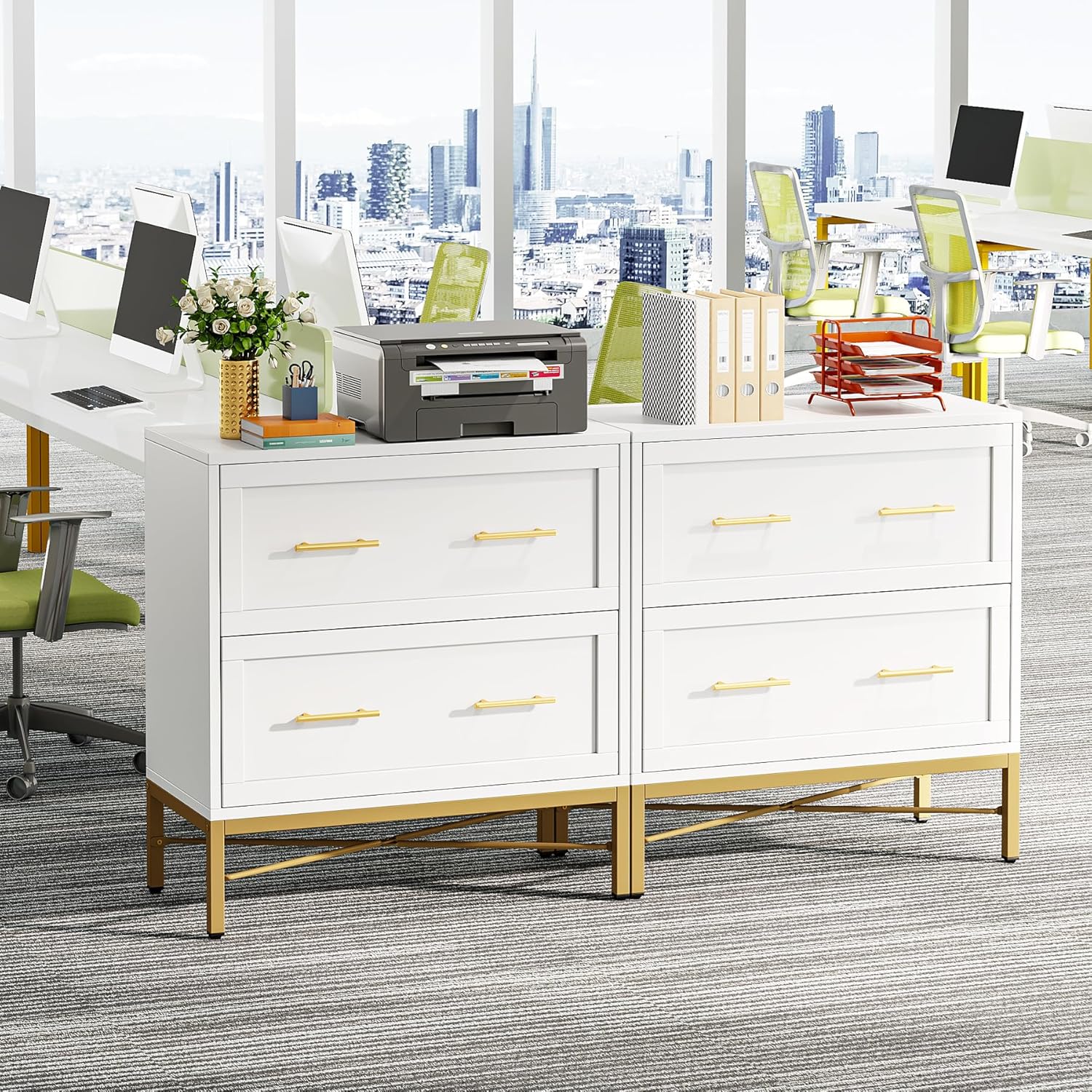 Tribesigns Modern White 2 Drawer File Cabinet, Lateral Filing Cabinet for Letter/Legal/A4 Size, Wood File Storage Cabinets Printer Stand with Storage for Home, Office, White and Gold