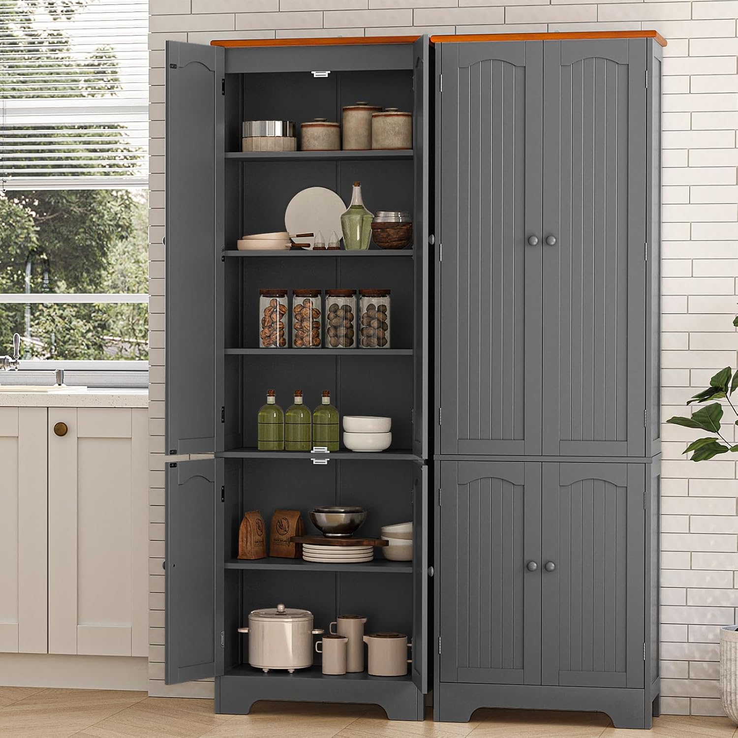 4 Door Pantry -72.2'' Kitchen Cabinet with Adjustable Shelves, Freestanding Cupboard, Tall Storage Cabinets for Dining Room, Living Room, Laundry, Bathroom, Entryway, Grey