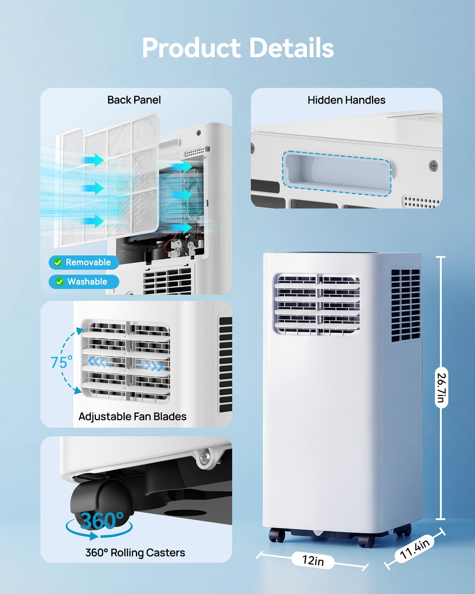 FEELFUNN 8000 BTU Portable Air Conditioner - 3-in-1 Quiet AC