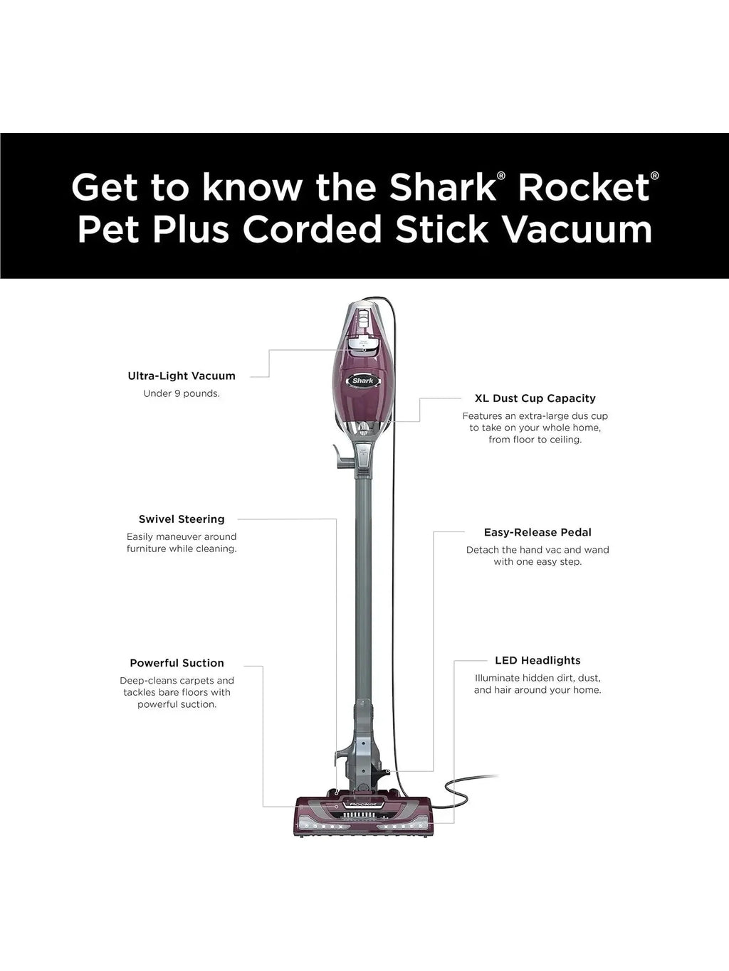 Shark HV322 Rocket Deluxe Pro Corded Stick Vacuum with LED Headlights, XL Dust Cup, Lightweight, Perfect for Pet Hair Pickup, Converts to a Hand Vacuum, with Pet Attachments, Bordeaux/Silver