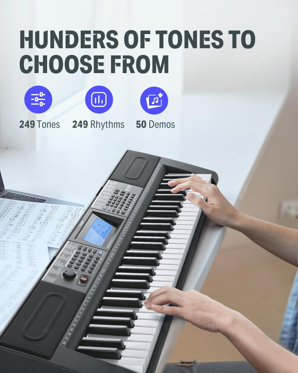 Donner 61 Key Keyboard Piano, Electric Piano Keyboard Kit with 249 Voices, 249 Rhythms - Includes Piano Stand, Stool, Microphone, Gift for Beginners, Black (DEK-610S)