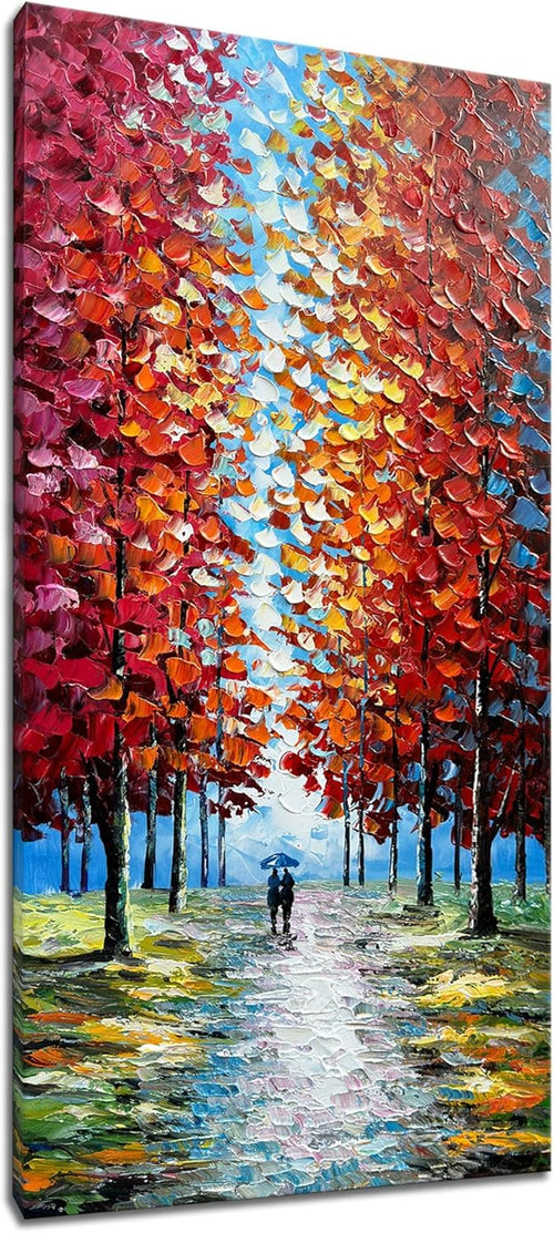 Alenoss Hand Painted 3D Abstract Oil Paintings on Canvas 24x48 Inches Large Modern Forest Landscape Vertical Red Canvas Wall Art Framed Artwork for Living room Bedroom Tree Art Decor