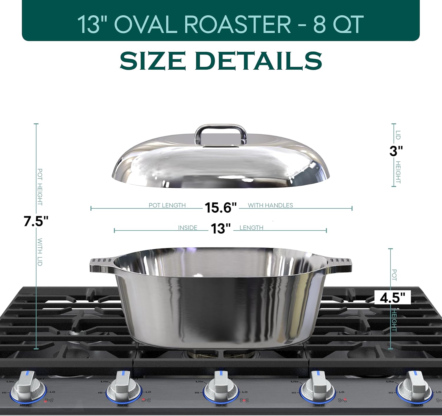 MAGNAWARE Cast Aluminum Oval Dutch Oven with Lid — 8 QT Heavy Duty Roaster Pan with Rack & Silicone Cover Dual Handles — Cajun Cookware for Roasting, Baking, Cooking (13" Medium)