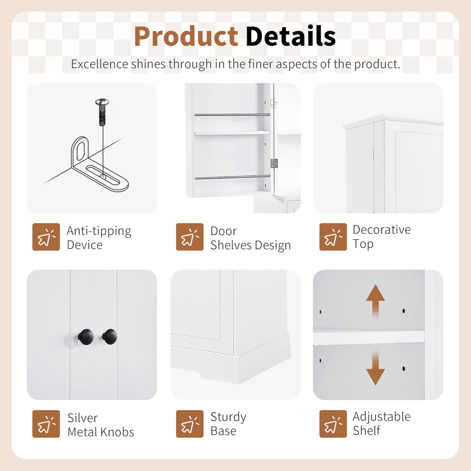 Tall Storage Cabinet Pantry Cupboard with Laundry Hamper and Door Rack Organizer for Bathroom, Kitchen or Enterway, Adjusatble Shelf, White