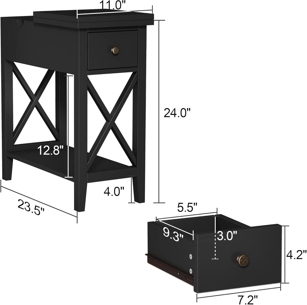 ChooChoo End Table Set of 2, Flip Top Narrow End Table with Drawer, Accent Small Side Table Nightstand for Living Room, Bedroom, and Small Spaces, Blcak
