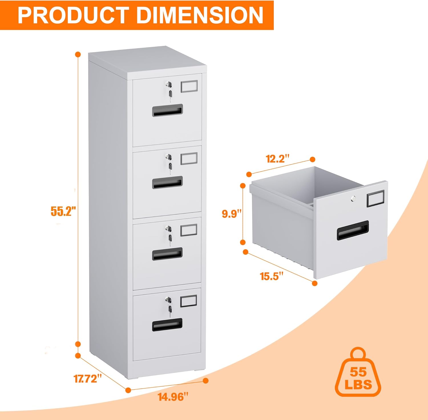 4 Drawer File Cabinet with Lock,White Metal Filing Cabinet for Home Office,Vertical Steel Storage Cabinet with Keys for Letter/A4 Size,14.96" W x 17.72" D x 55.2" H,Assembly Required