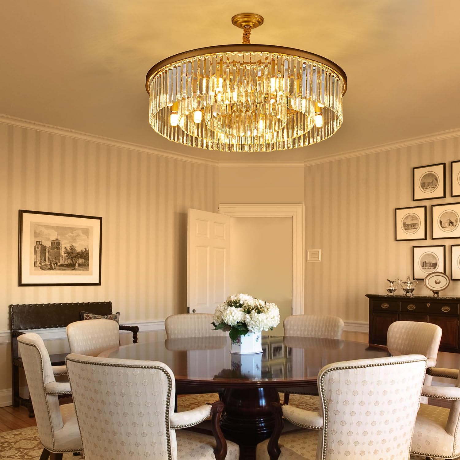 31.5" 12-Light Modern Crystal Chandelier Light Fixtures 3 Rings Gold Luxury Chandeliers for Living Room Glam Round Hanging Ceiling Pendant Lighting for Entryway Kitchen Bedroom Dining Room