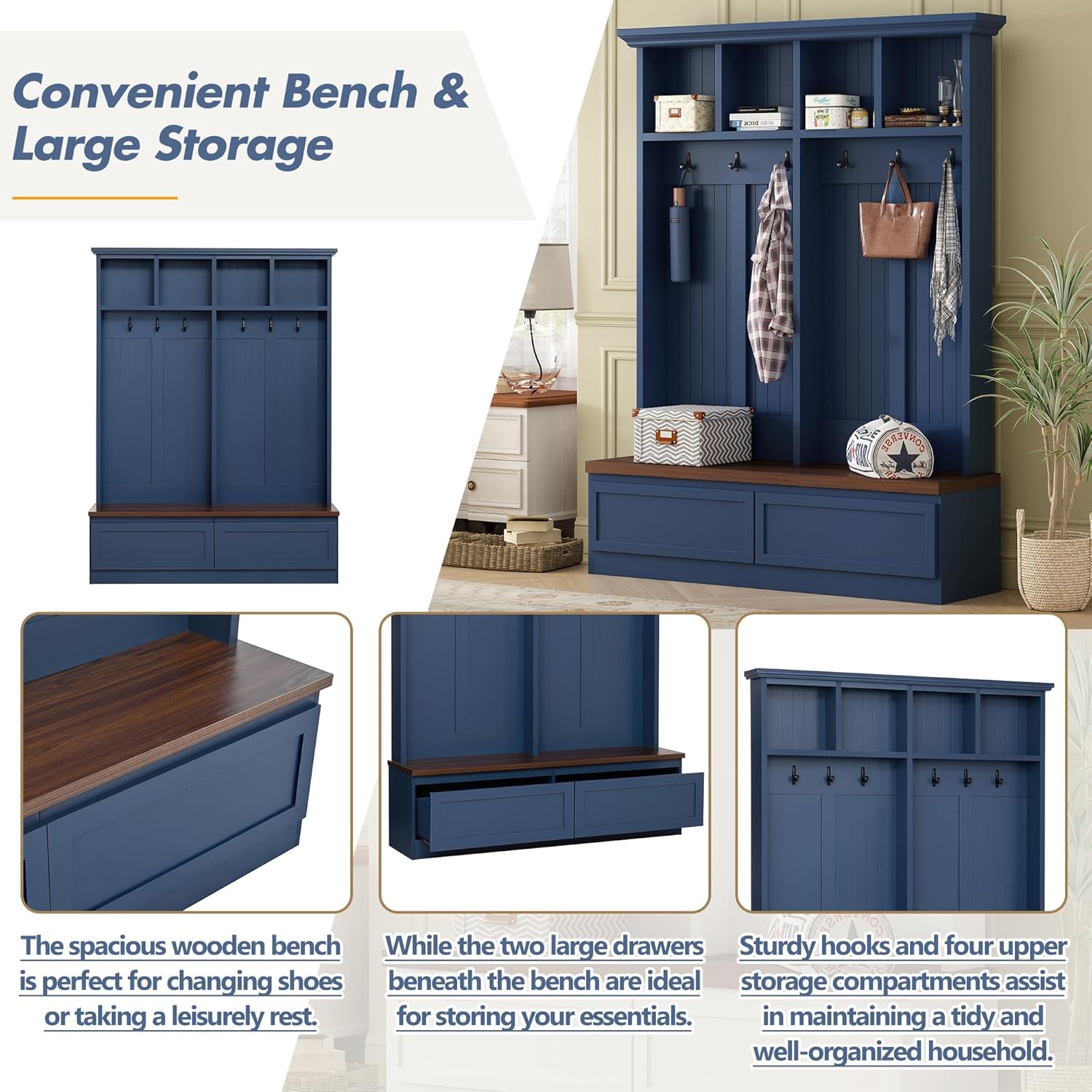 4-in-1 Hall Tree with Wood Grain Bench, Entryway Shoe Storage Organizer with Coat Rack, 2 Large Drawers, and 6 Golden Hooks for Hallway, Foyer Organizer Furniture, Blue