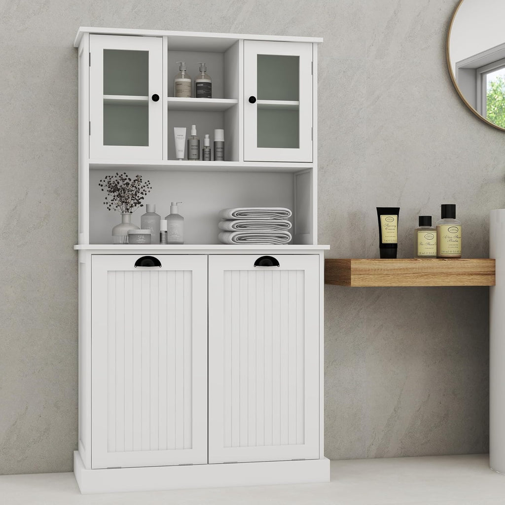 Laundry Room Storage Cabinets with Tilt-Out Double Doors, Laundry Cabinet with 2 Removeable Non-Woven Bags and Glass Doors 60” Tall Bathroom Cabinet with Adjustable Shelves (White)