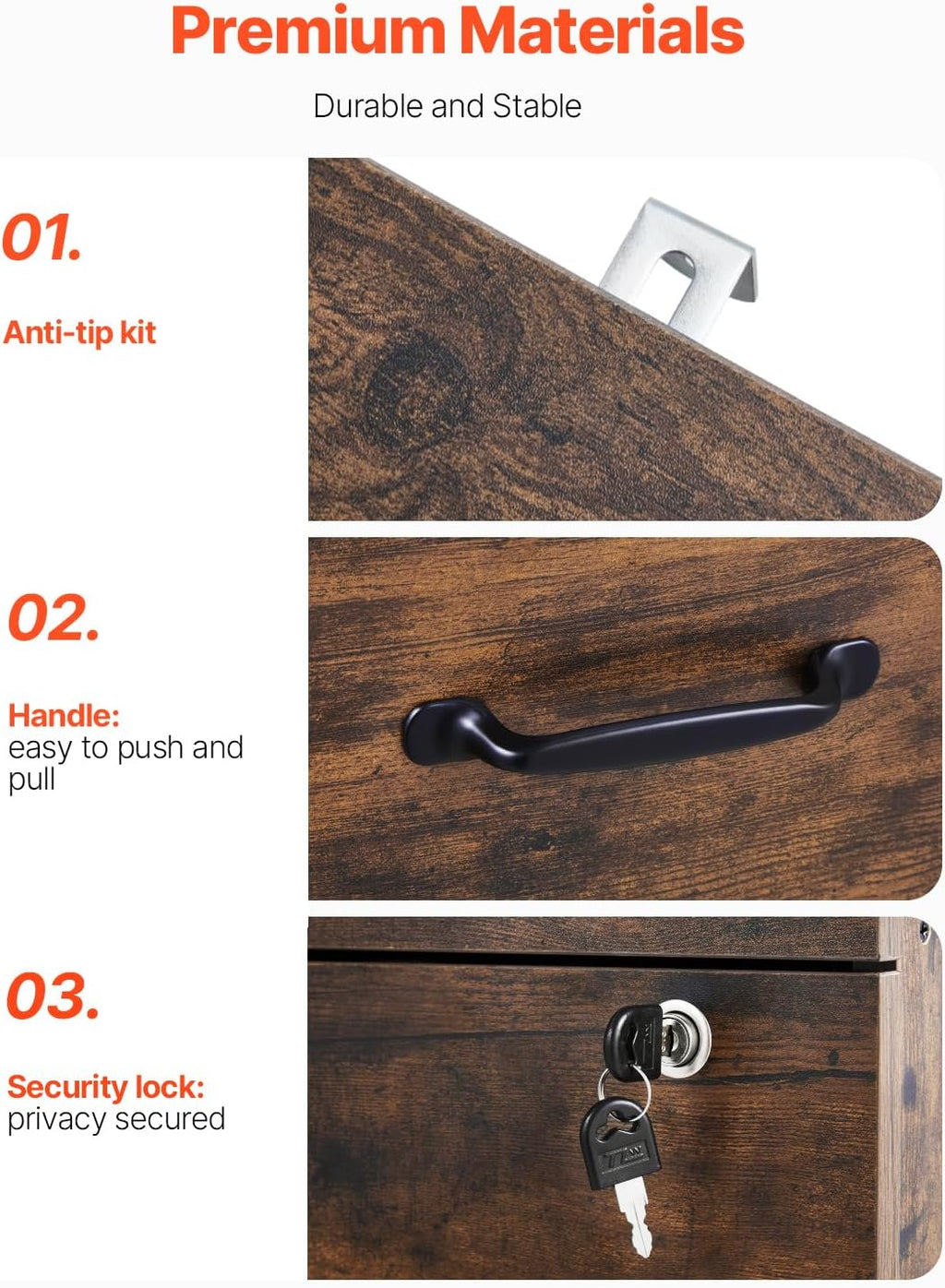VEVOR 3 Drawer File Cabinet with Lock, Vertical Filing Storage Cabinets for Home Office, Heavy-Duty Locking Cabinet with 2-Level Adjustable Hanging Rod for A4/Letter/Legal Size File, Easy Assembly
