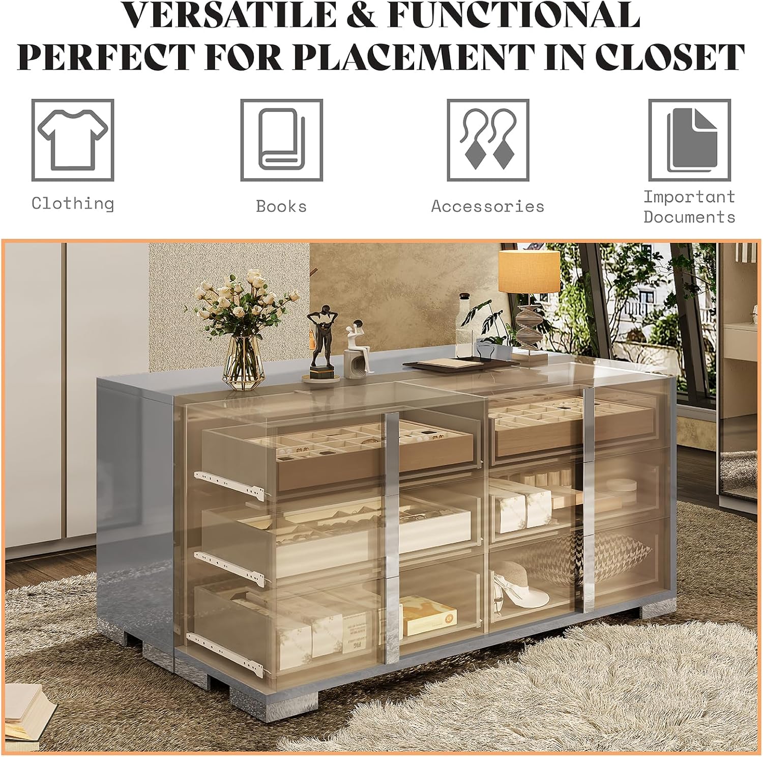 AMERLIFE 54" W High Gloss 6 Drawers Dressers with Silver Grooved Handles, Modern Storage Chest of Drawers with Wide Tabletop, for Bedroom/Dressing Room/Living Room, Grey