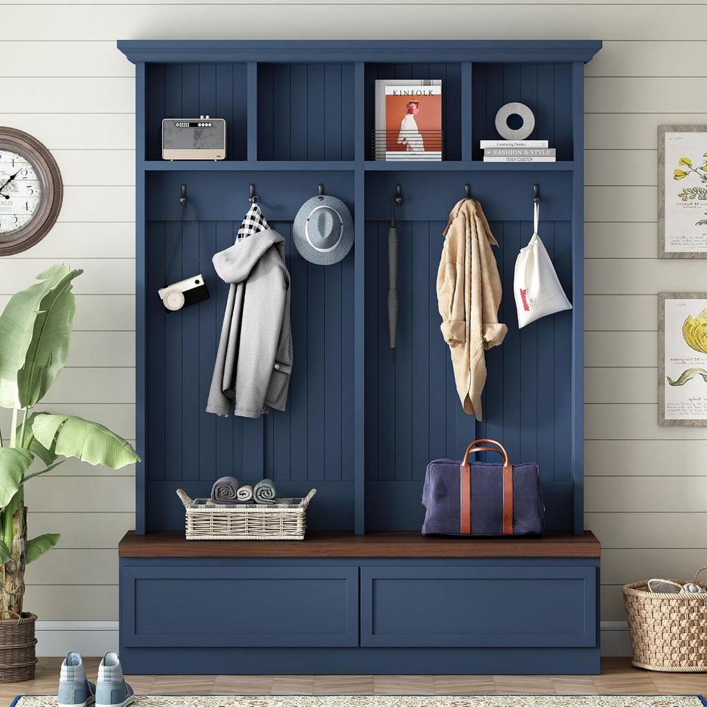 JIVOIT Hall Tree with Storage Bench, Farmhouse 4-in-1 Hall Tree with Wood Grain Bench, 2 Large Drawers, 6 Black Hooks, 4 Storage Compartments, Mudroom Versatile Coat Rack for Hallway, Living Room