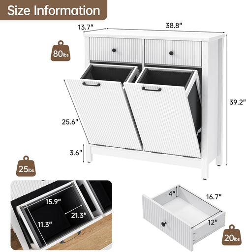 Airynee Double Tilt-Out Laundry Hamper Cabinet with 2 Drawers, 20 Gallon Fluted Trash Can Cabinet with Laundry Basket, Hidden Wood Garbage Can Bin Cabinets for Bathroom & Kitchen, White