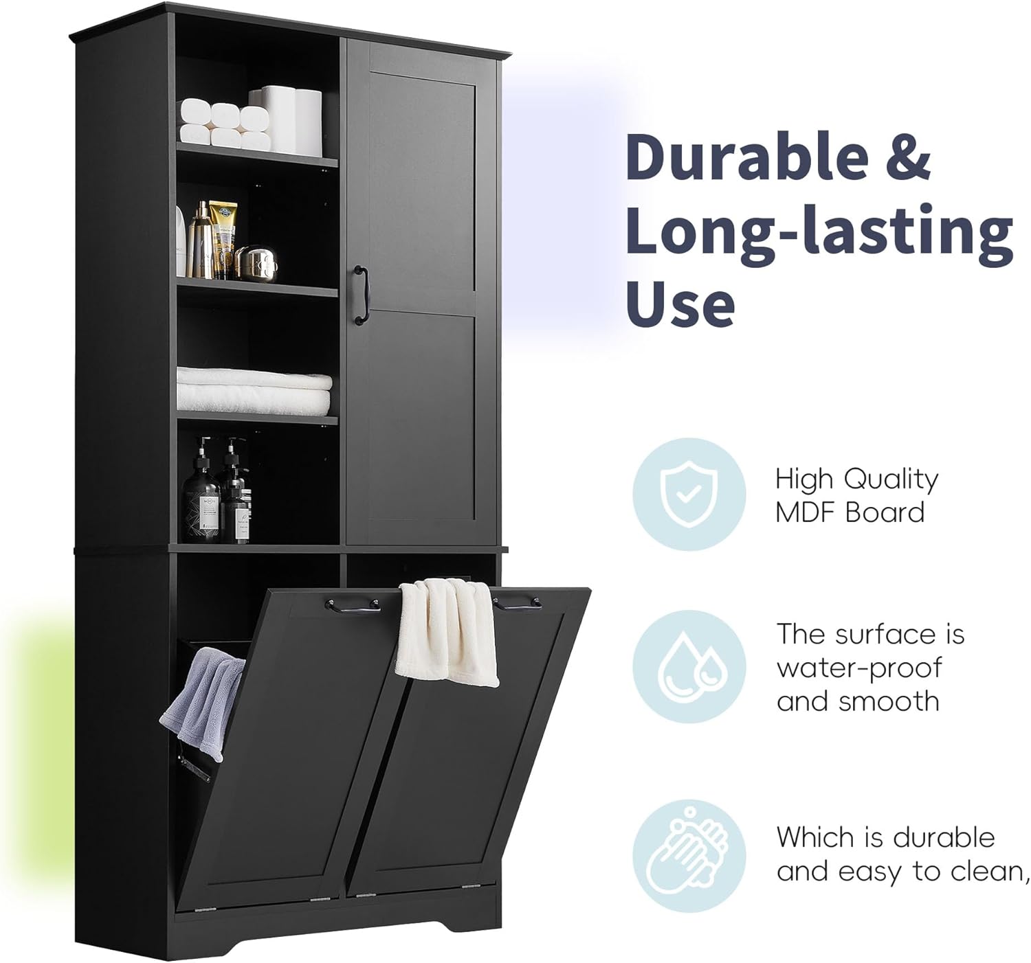 Tall Storage Cabinet with Door and Open Shelf, Multi-Functional Laundry Hamper Basket for Home Bathroom, Laundry Room, Black