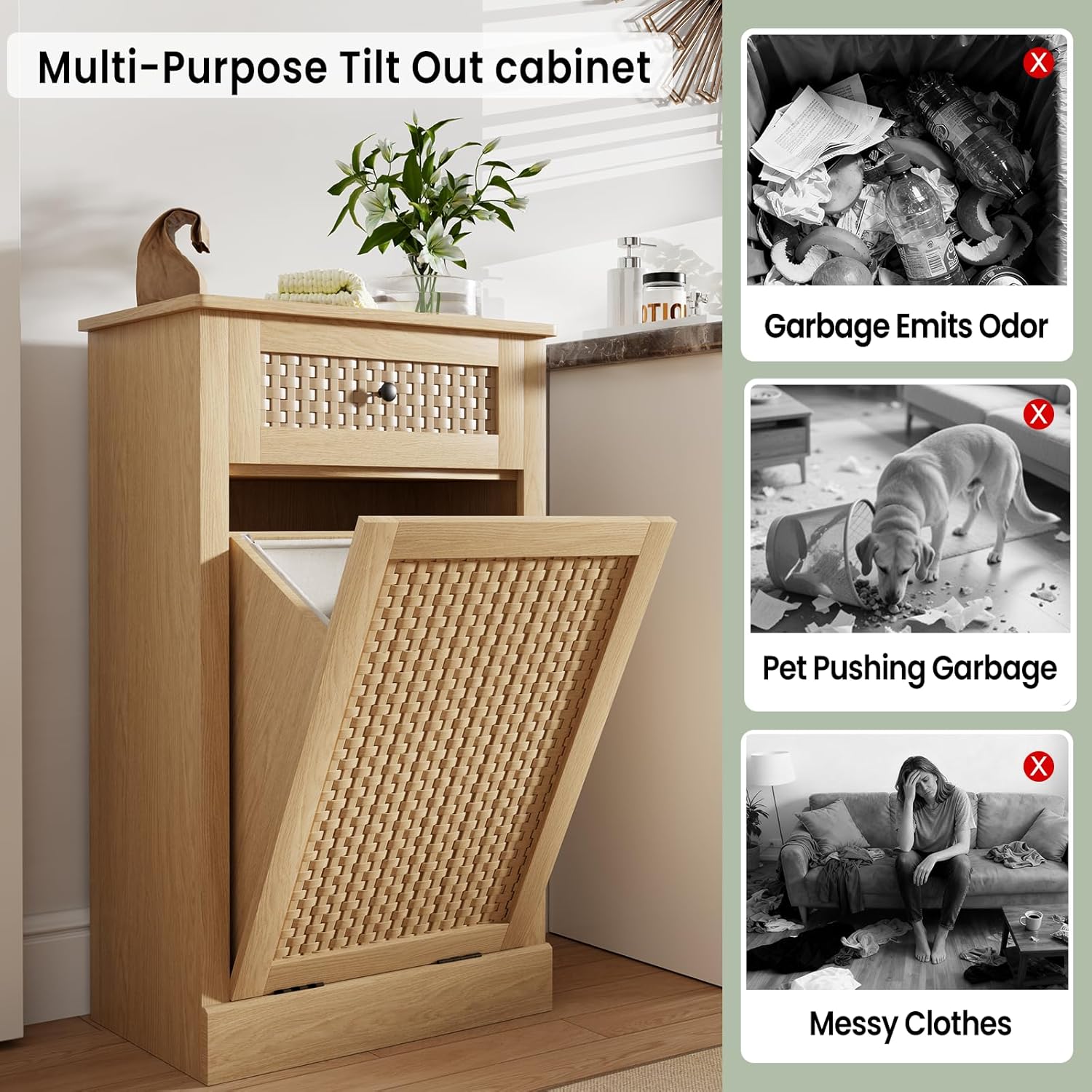 Double Tilt Out Laundry Hamper Cabinet, Rattan-Style Laundry Room Organization with Removable Laundry Basket, Hidden Wood Dirty Clothes Hamper with Drawers, 39" L x 13" W x 35.8" H, Wood