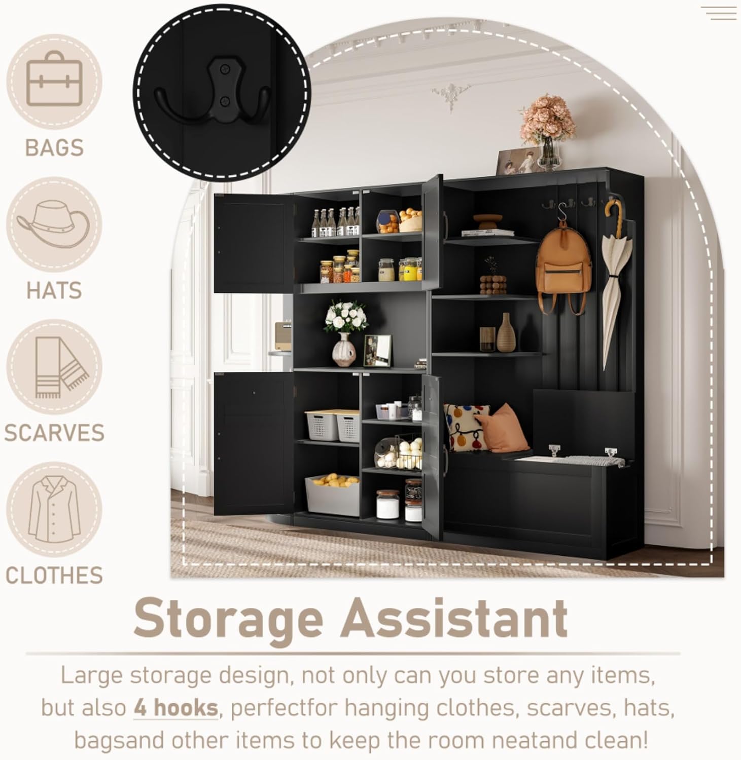 Multifunctional Left-Right Combination Hall Cabinet, Hall Tree with Storage and 4 Hooks, Storage Cabinet for Living Room, Kitchen and Hallway, Black
