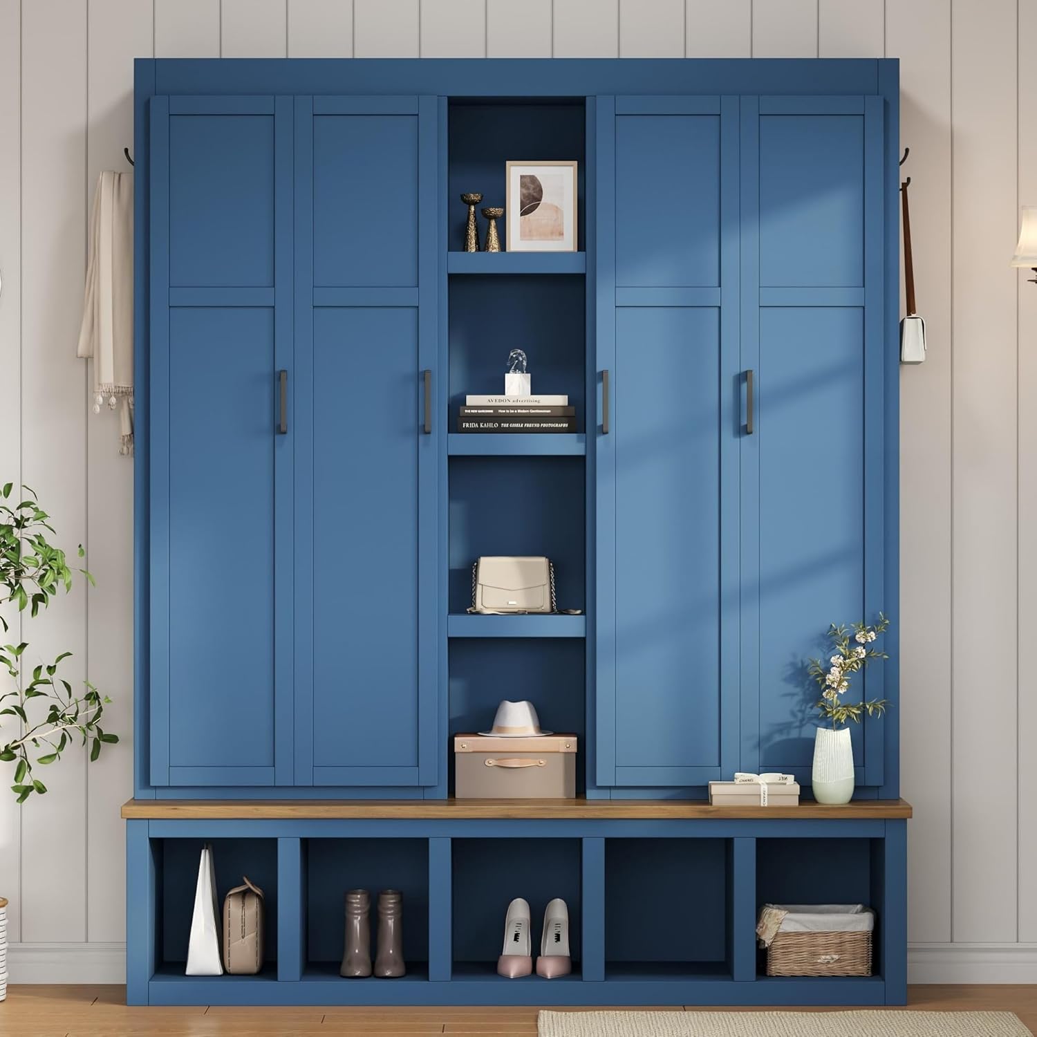 LUMISOL 4-in-1Wide Hall Tree with Wood Grain Bench and 8 Open Compartments, Farmhouse Style Entryway Bench with Storage Unit and 6 Hooks, 62.9" Rustic Coat Rack for Hallway Living Room, Blue