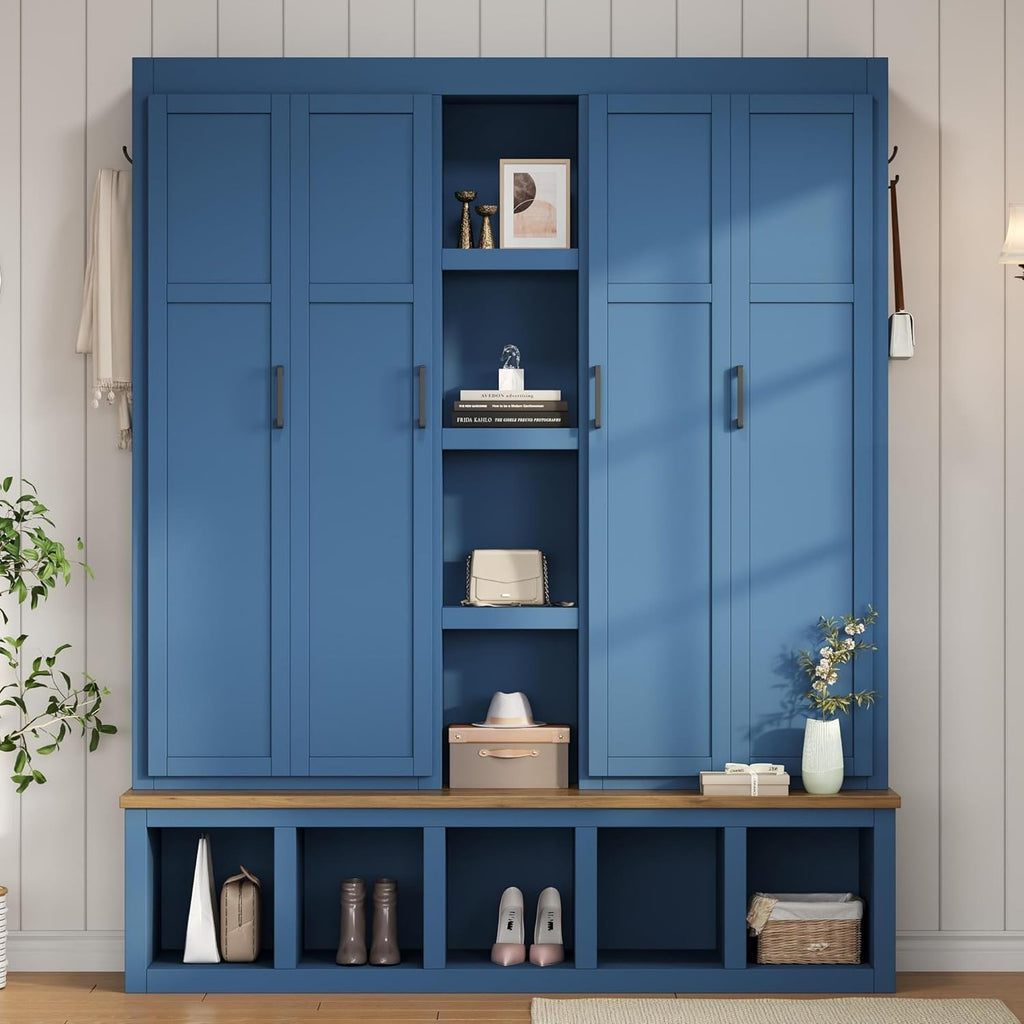 Modern 63'' Wide Hall Tree with 6 Hidden Hanging Hooks, Brown Wood Grain Minimalist Shoe Cabinet with Open Compartments, Entryway Coat Rack for Living Room Hallway (Blue-4.23)