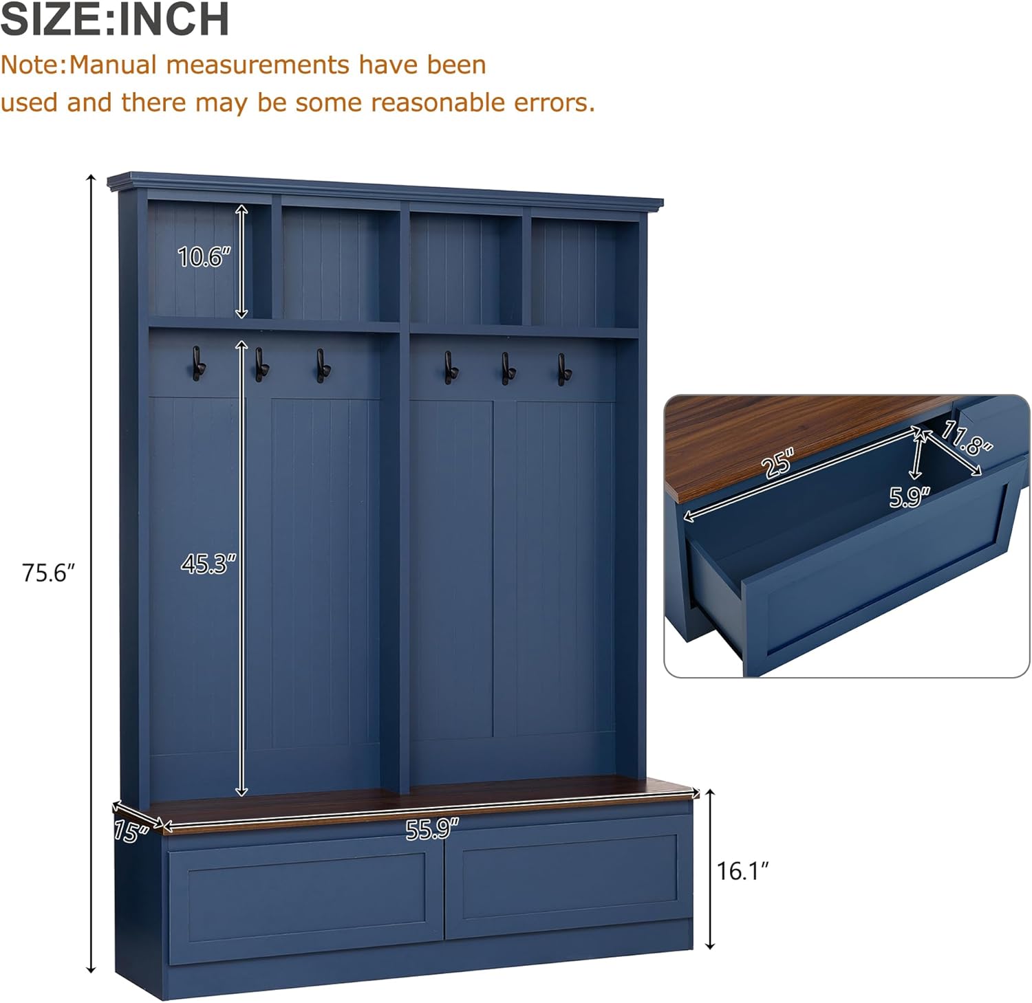 4-in-1 Hall Tree with Wood Grain Bench, Entryway Shoe Storage Organizer with Coat Rack, 2 Large Drawers, and 6 Golden Hooks for Hallway, Foyer Organizer Furniture, Blue