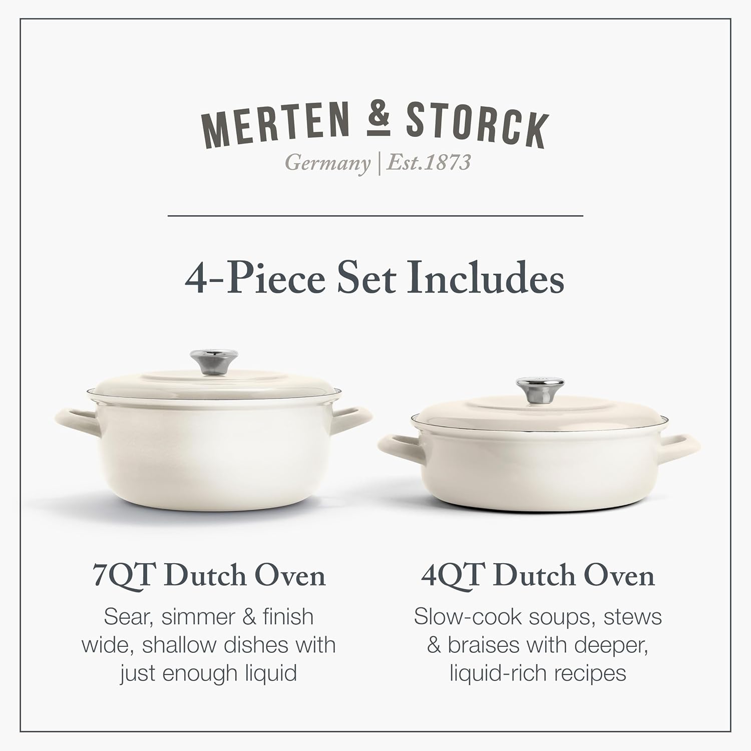 Merten & Storck 3.7QT & 5.5QT Dutch Ovens with Lids, 4 Piece Cookware Set, European Crafted Enameled Iron Stockpot, Induction & All Cooktops, Braising, Stews, Roasting, Slow Cooking, Sourdough, Cream White