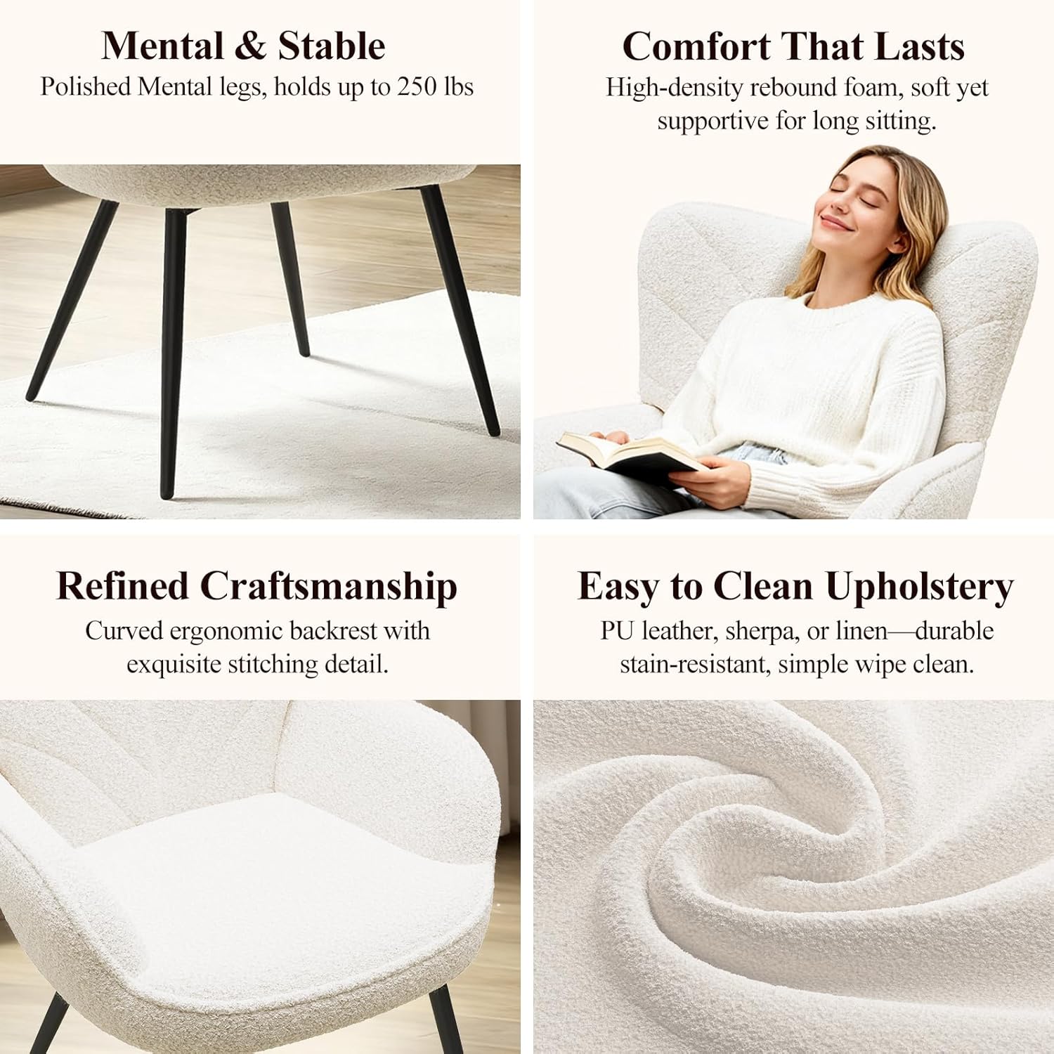 MALOL Mid-Century Sherpa Upholstered Accent Chair, Cozy Armchair with Curved Backrest, Sturdy Metal Legs, Soft Fabric Chair for Living Room, Bedroom & Reading Area,Beige