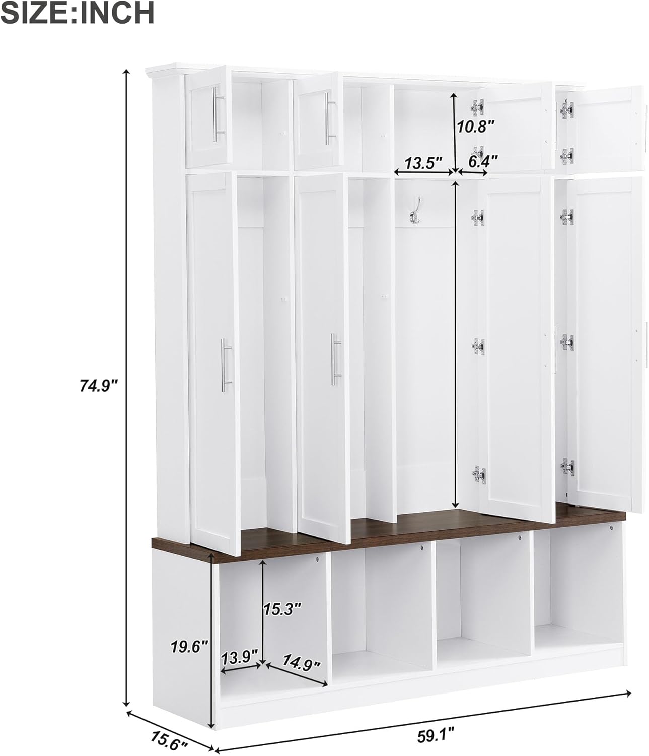 Versatile Hall Tree with 4 Hanging Hooks and Brown Wood Grain Bench,Entryway Cabinet with Open Compartments,for Hallway Entrance Mudroom Living Room (White#Storage)