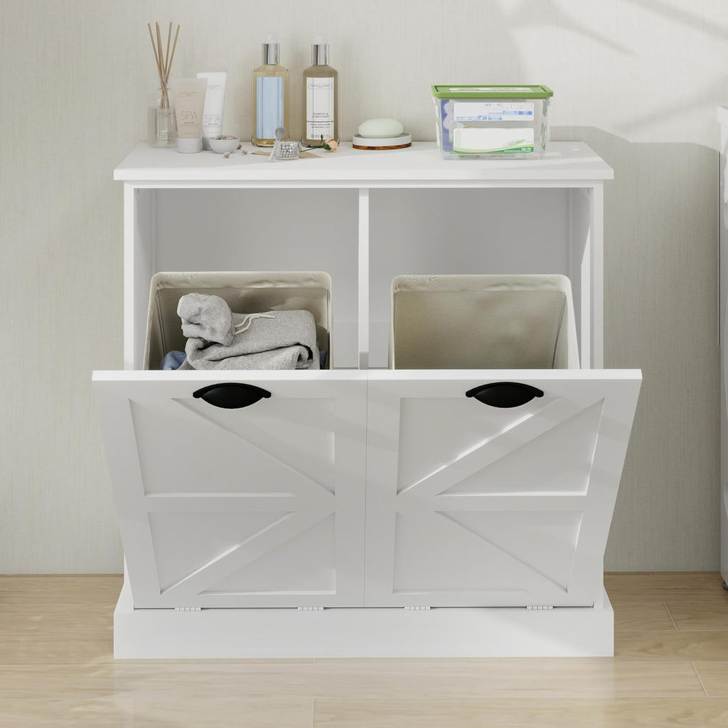 KEIKI White Tilt-Out Bathroom Laundry Sorter Cabinet with Dual Compartments & Removable Bags, Freestanding Hidden Hamper Storage with Anti-Tip Kit