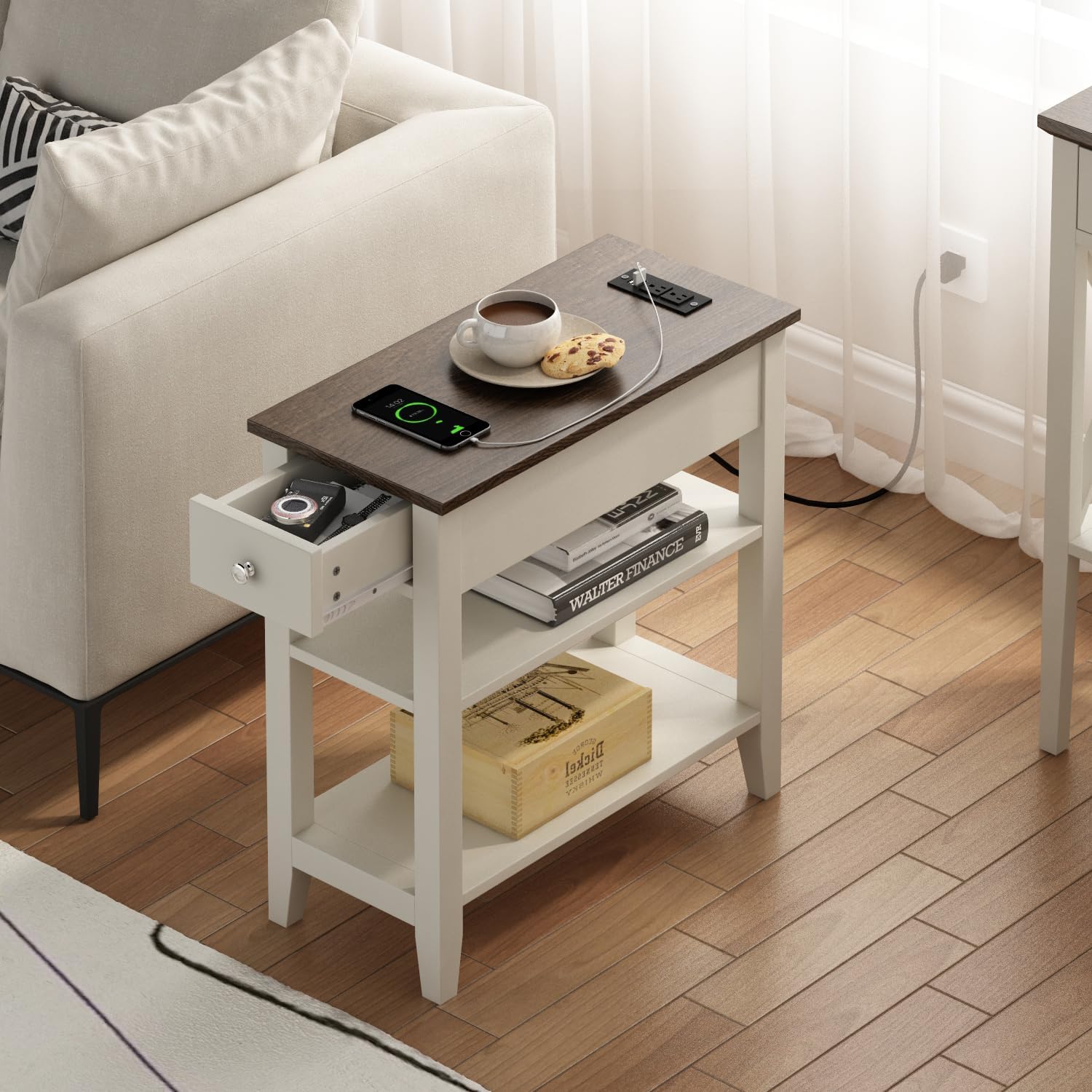 ChooChoo Farmhouse end Table Living Room Set of 2, Sofa Side Table Living Room with Charging Station,Narrow Night Stand with USB Ports & Power Outlets and Hidden Drawer