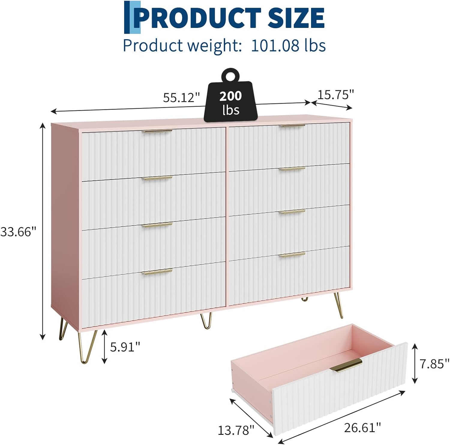 Garvee Fluted Dresser for Bedroom with 8 Drawers,55" Wide Modern Chest of Wooden Bedroom Chest with Metal Handle,Clothes Storage Organizer,Closet Dresser & TV Stand for Living Room,Hallway