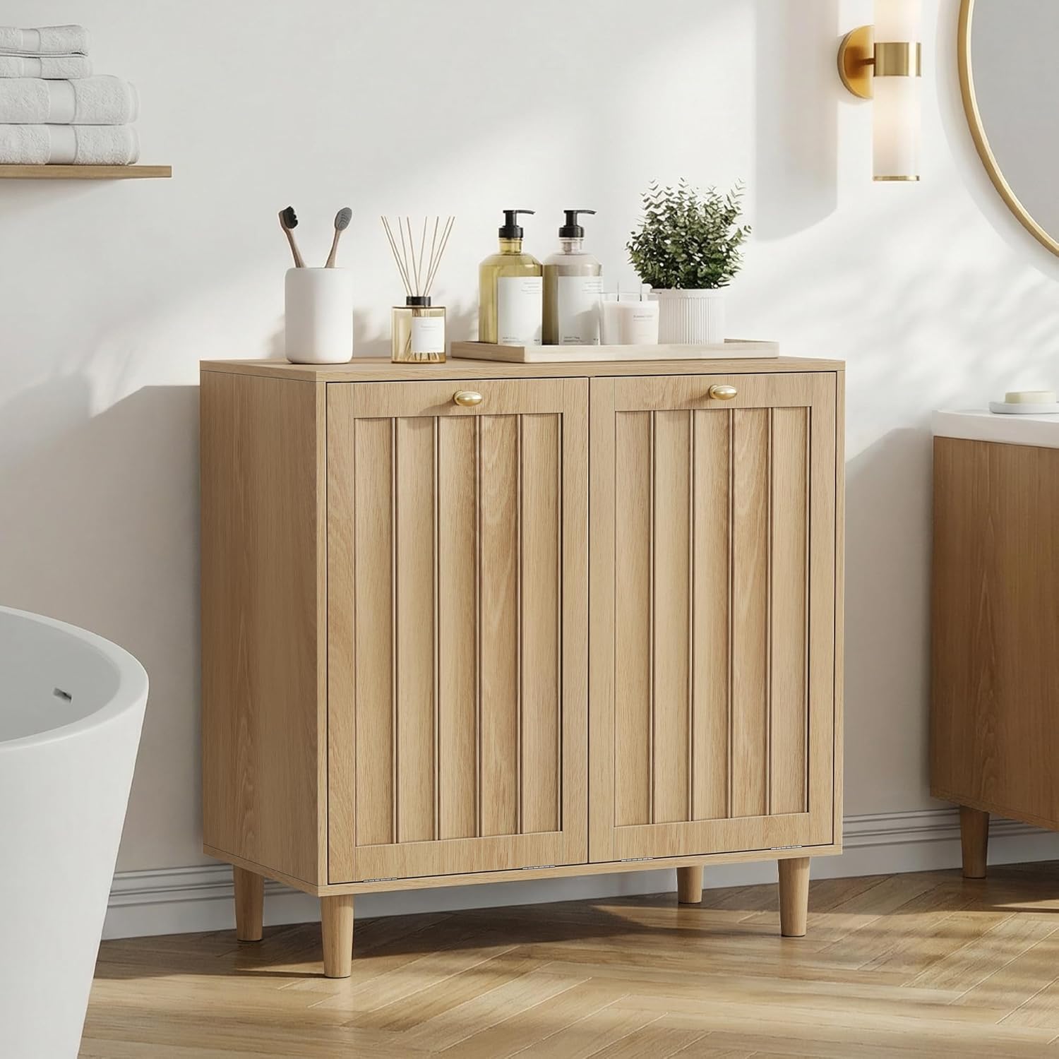 Double Tilt Out Laundry Cabinet,Natural Oak Fluted Finish, Smooth Tilt-Out Hidden Storage, Multi-Functional Organizer for Laundry Room Bathroom Kitchen Utility Space