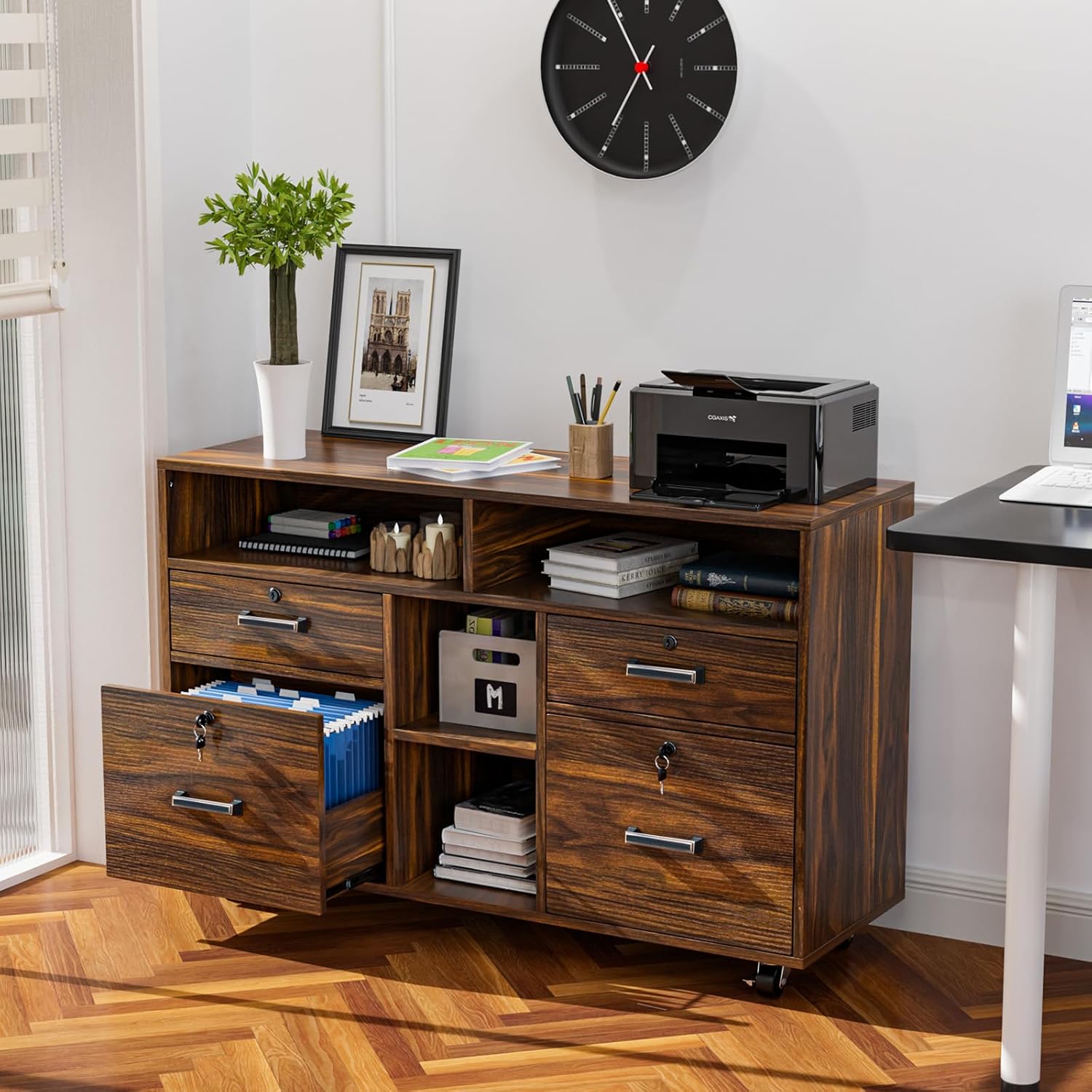 VINGLI Dark Brown Wood Lateral File Cabinet with Lock, 4 Drawer & 4 Open Shelves, Rolling File Cabinet for Home Office, Letter Sized