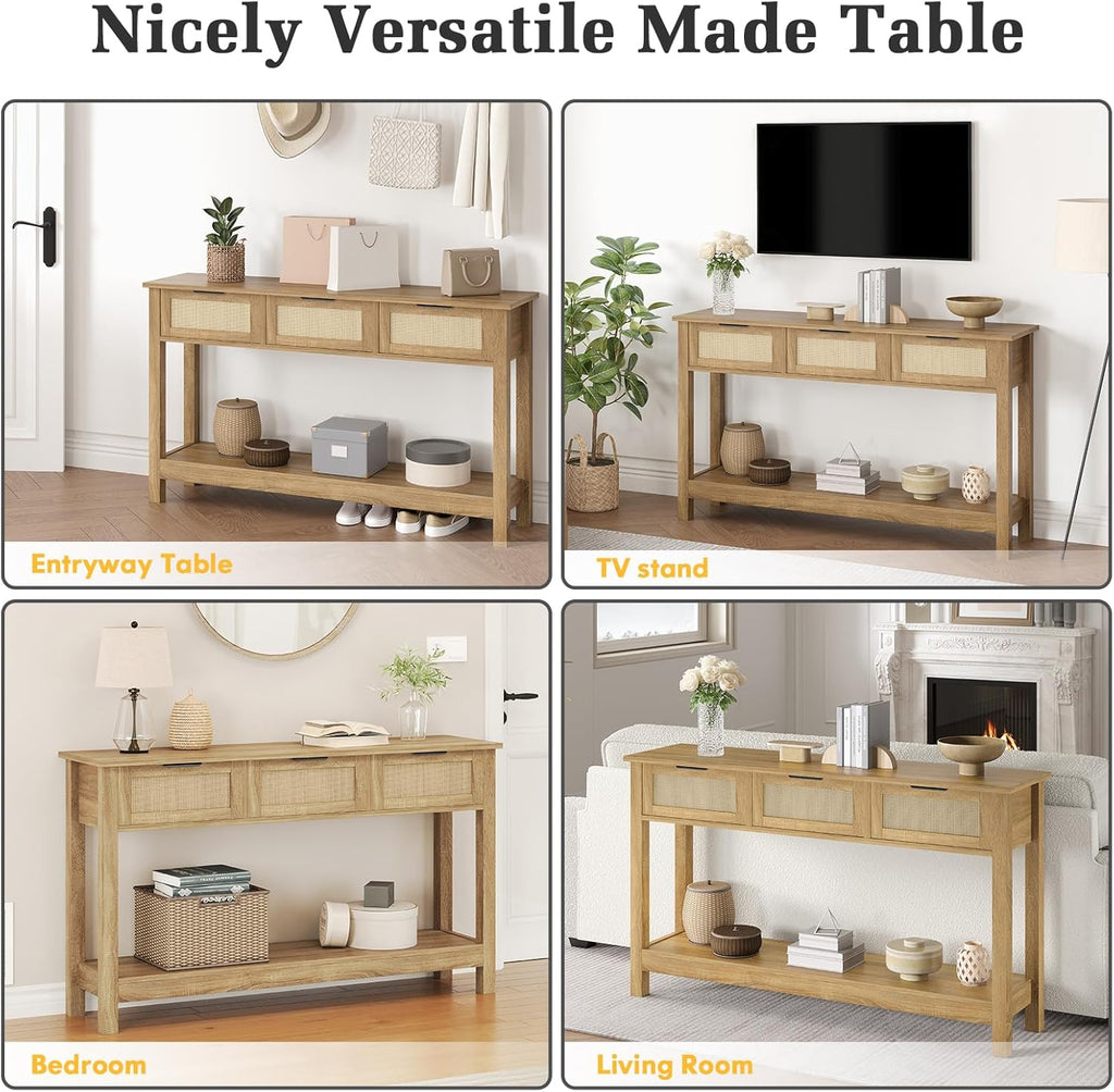 Luoxiao Rattan Console Table Boho Entryway Table with 3 Drawers Storage, Narrow Long Behind Couch Sofa Table for Living Room Side Table Entry Way Table Entrance Hallway Foyer, Natural, 47 Inch