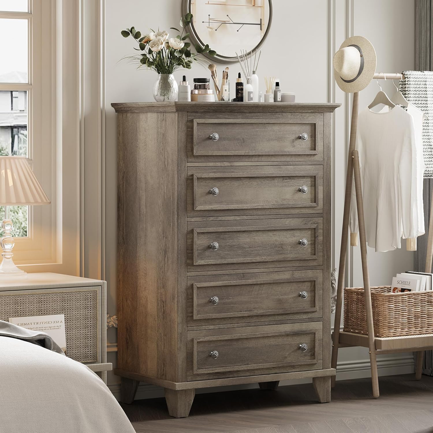 GarveeHome Gray Dresser for Bedroom, 48 in Tall Dresser with 5 Drawers, Chest of Drawers with Storage, Vintage Wood Dressers for Closet, Living Room, Hallway, Grey