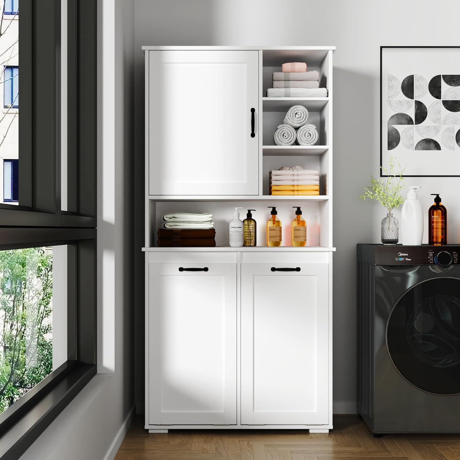 SOFTSEA Tilt-Out Laundry Hamper Cabinet, Cabinet with Doors and Open Shelf, 63 Inch Tall Accent Table for Bathrooms Laundry Room Kitchen, White