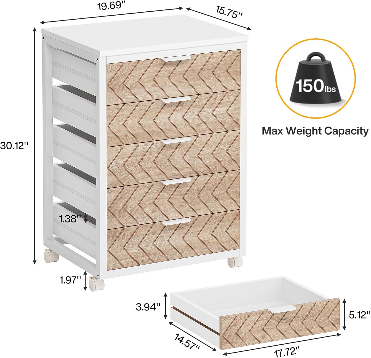 Tribesigns 5-Drawer File Cabinet, Wood Mobile Storage Drawer Unit, Industrial Office Cabinet with Drawers & Wheels, Rolling Printer Stand for Home Office, Beige & White