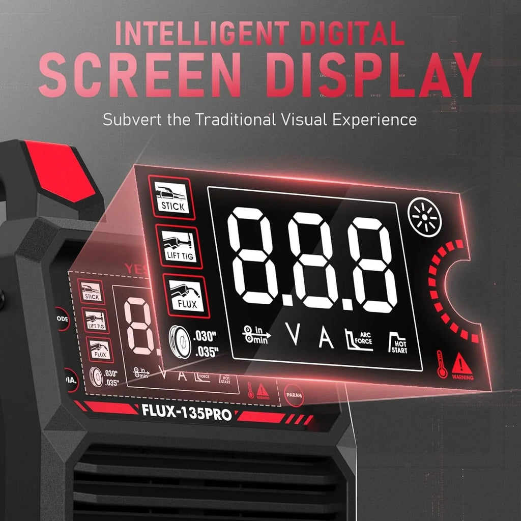 YESWELDER 135Amp MIG Welder,110V Flux Core Welder Flux Core MIG/Lift TIG/Stick 3-in-1 Large LED Digital Display Welding Machine IGBT Inverter Welder FLUX-135PRO