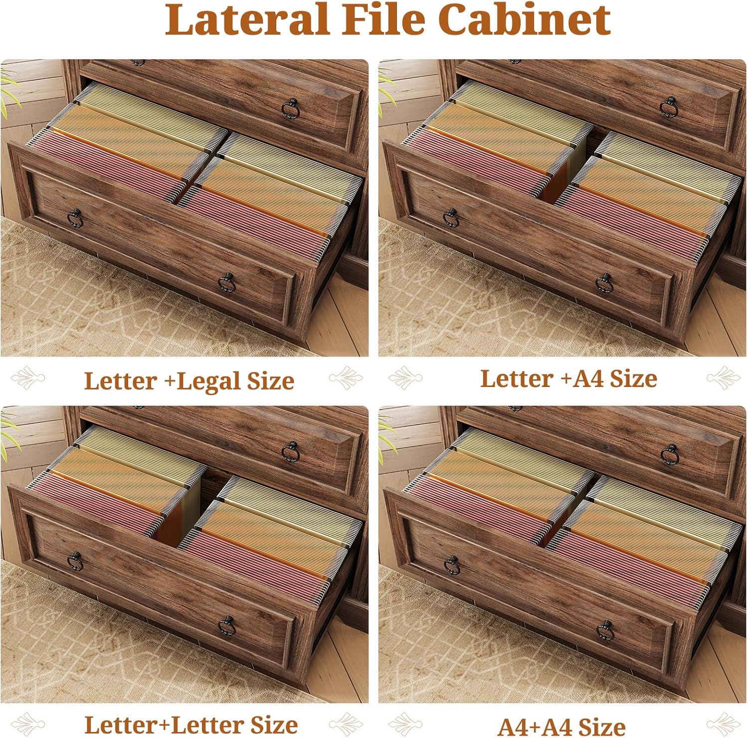 Itaar 2 Drawer File Cabinet, Farmhouse Filing Cabinet for Home Office Fits Letter, Legal, A4 Size, Wood Lateral File Cabinet with Printer Stand, Storage Shelf, Brown