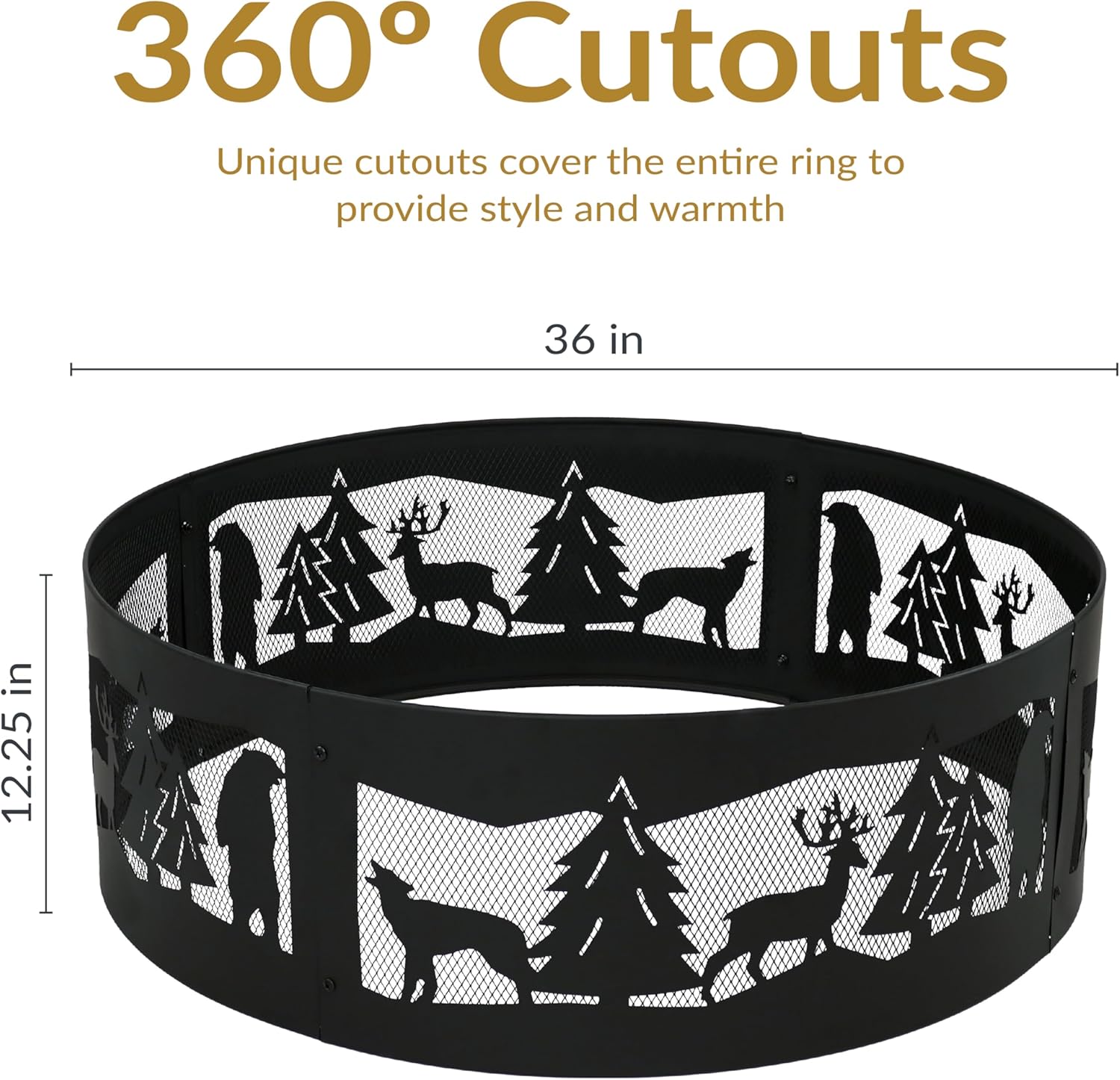 Sunnydaze 36-Inch Outdoor Fire Ring - Portable Metal Fire Pit Ring for Camping or Backyard - 360-Degree Wildlife Cutouts - Forest Wilderness