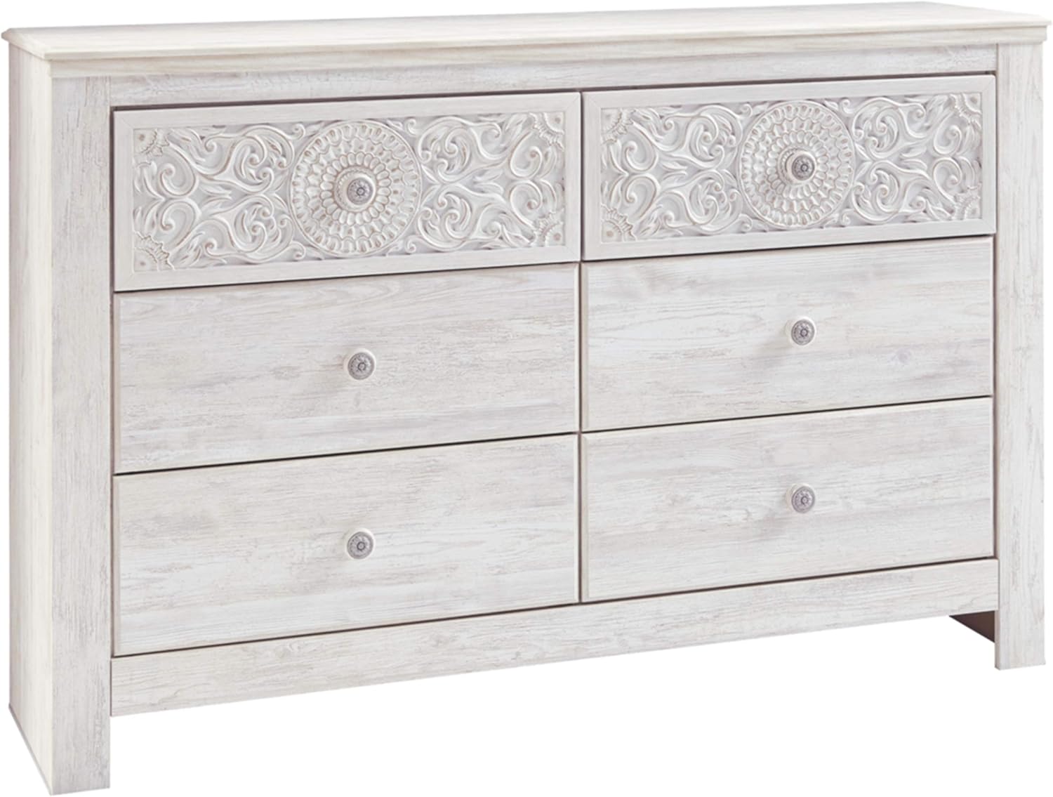 Signature Design by Ashley Paxberry Boho 6 Drawer Dresser, Smooth-gliding Faux Laminate Lined Drawers, Wood, 61.26" W x 15.83" D x 40" H, Whitewash