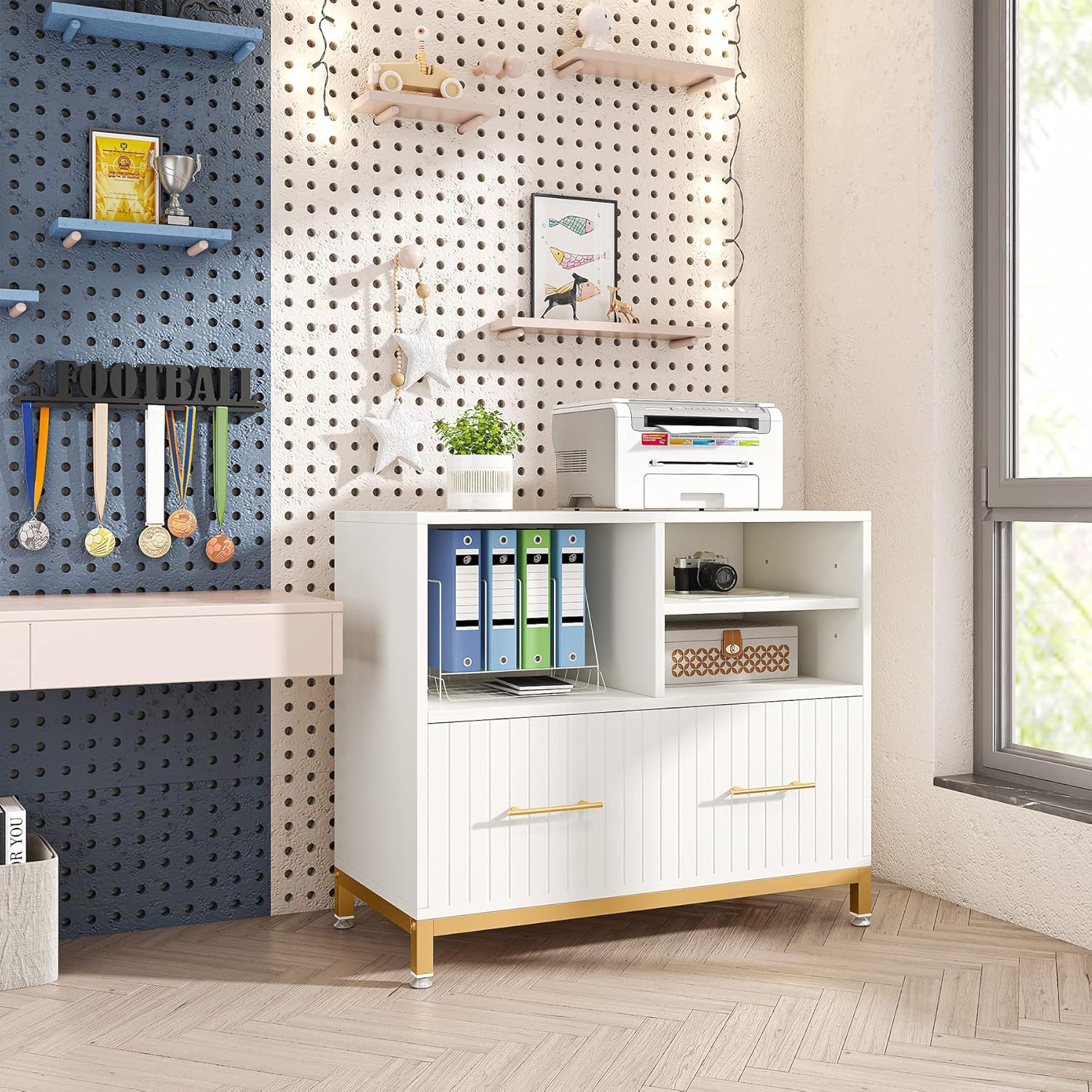Tribesigns Lateral File Cabinet with Drawer, White Filing Cabinet for Letter/Legal/A4 Size Files, 35.4" Modern Wood File Storage Cabinets Printer Stand with Storage for Home, Office, White Gold