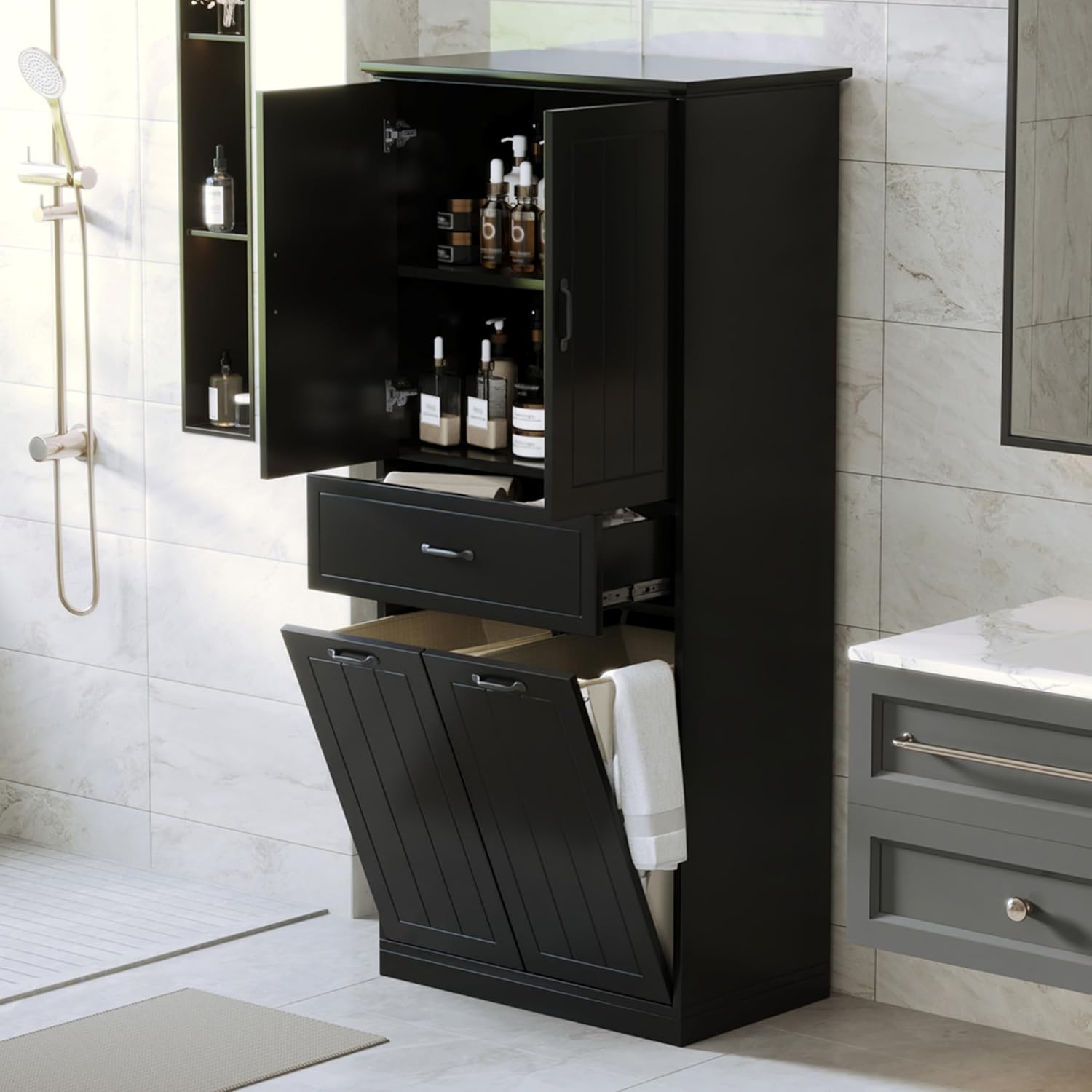 Virubi Tall Laundry Cabinet with 2 Tilt Out Laundry Hamper, Modern Wood Bathroom Storage Cabinet with Drawers, Doors and Adjustable Shelves for Home, Freestanding