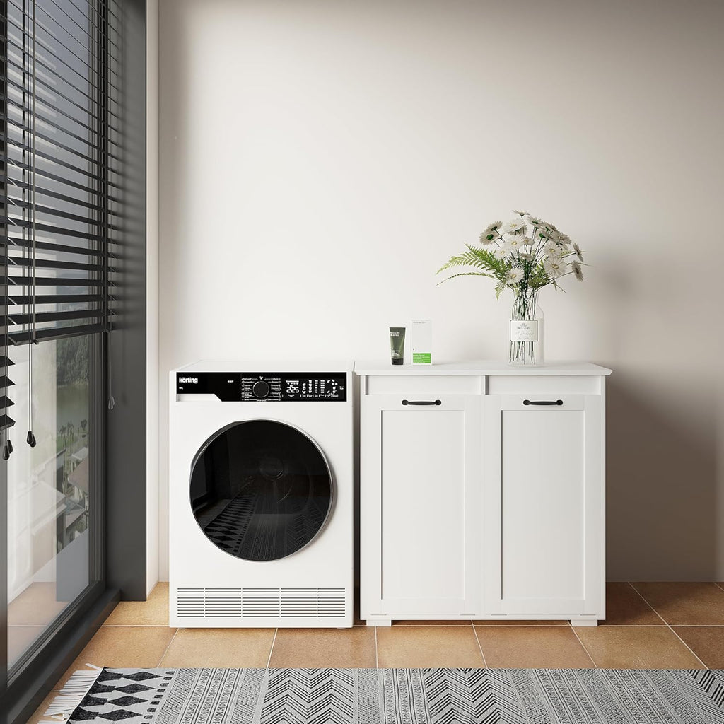 LUMISOL Double Tilt-Out Laundry Hamper Cabinet, Farmhouse Laundry Cabinet with Hidden Fabric Baskets, Wooden Bathroom Storage Cabinet with Doors for Living Room, Kitchen, White