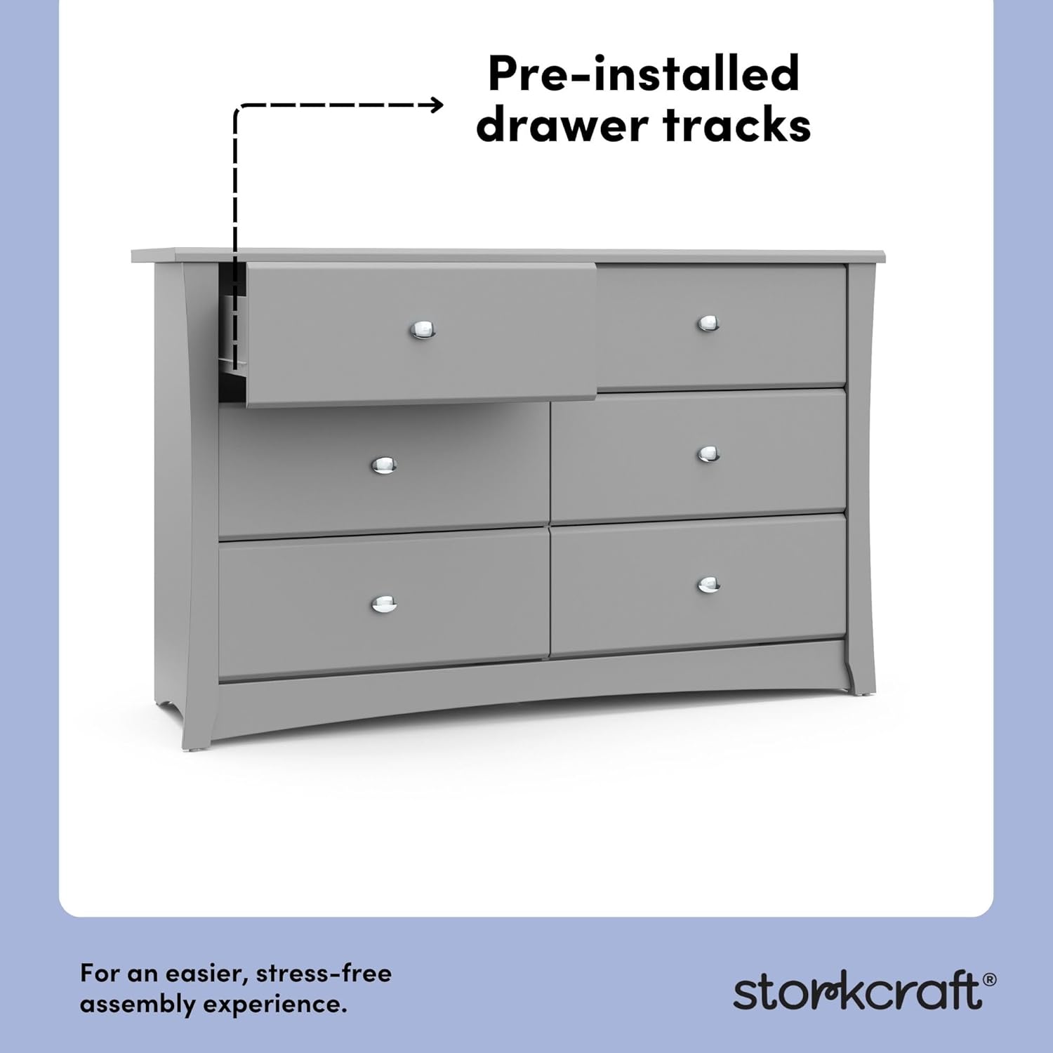 Storkcraft Crescent 6-Drawer Dresser (Pebble Gray) – GREENGUARD Gold Certified, Gray Dresser for Bedroom, Kids & Nursery Storage Chest, Safety Interlocking Drawers, Pre-Installed Tracks, Kids Chest